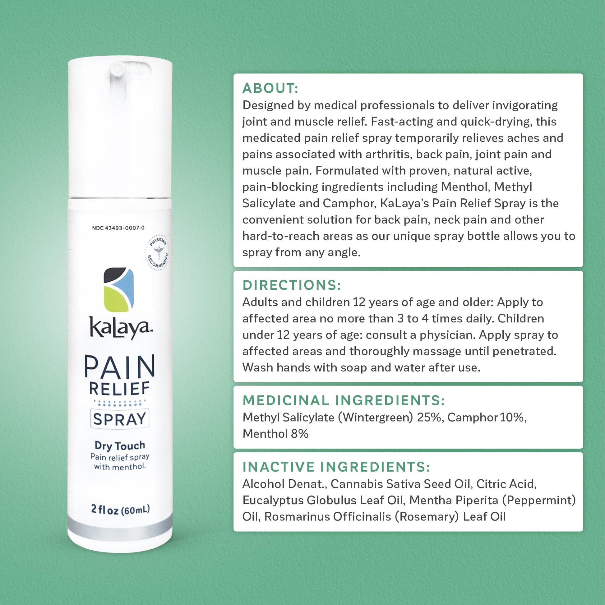 Kalaya Pain Relief Spray - Fast-Acting, Quick-Drying Muscle Rub for Joint Pain Relief and Muscle Pain - with Eucalyptus, Menthol, Methyl Salicylate, Camphor - Ideal for Easing Back Pain - 2 oz Kalaya NaturalsBuy Supplements Australia