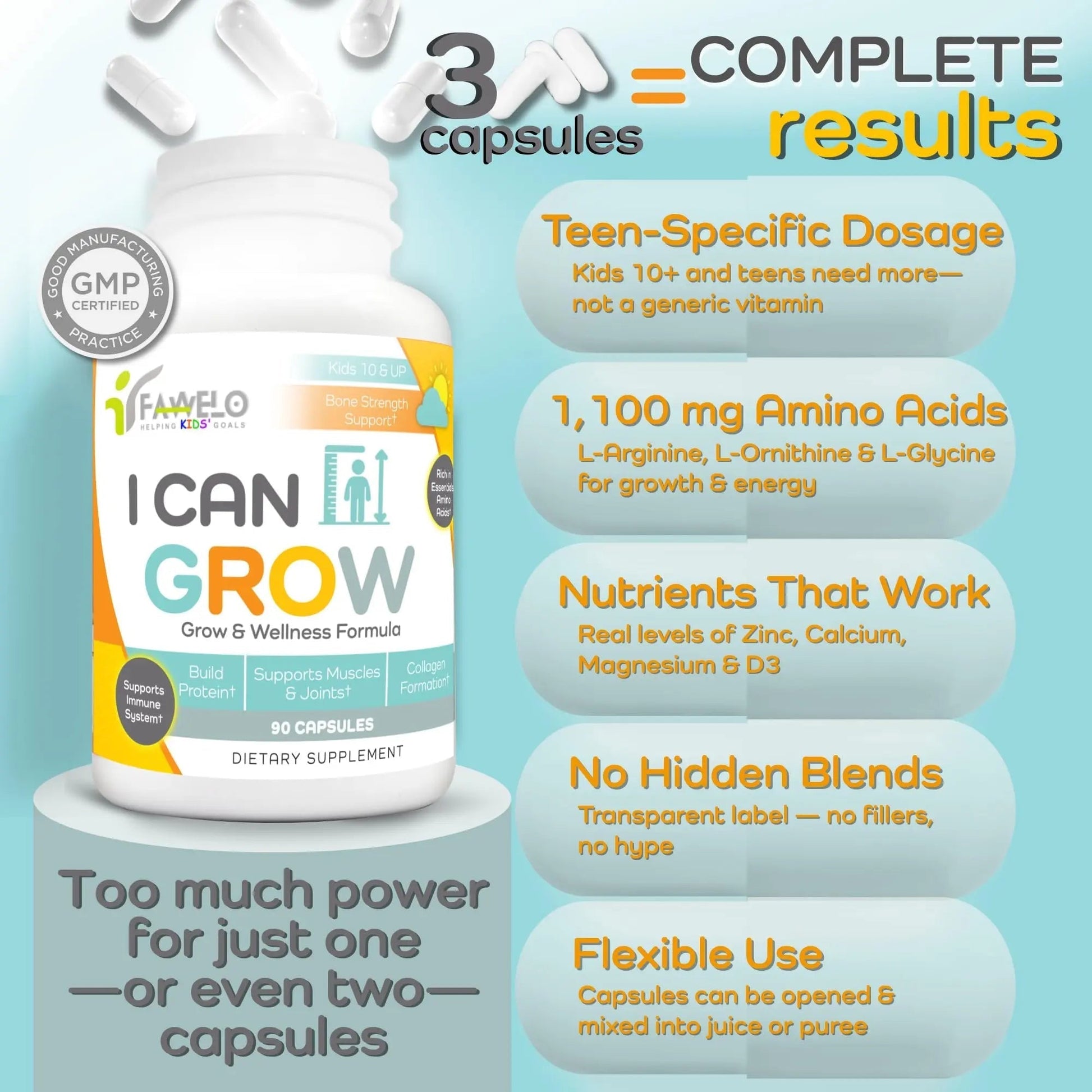 Fawelo I Can Grow Day-Time for Kids 10+ & Teens | Growth & Development Support with L-Arginine, Colostrum, Calcium, D3, Magnesium, Zinc | FaweloBuy Supplements Australia