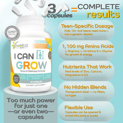 Fawelo I Can Grow Day-Time for Kids 10+ & Teens | Growth & Development Support with L-Arginine, Colostrum, Calcium, D3, Magnesium, Zinc | FaweloBuy Supplements Australia
