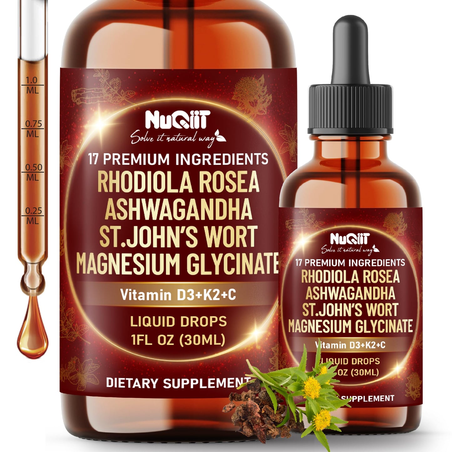 NUQIIT 17in1 Rhodiola Rosea Liquid Drops Tincture w/Ashwagandha Magnesium, L-Theanine. Ultra Rhodiola Cortisol Supplement, Rhodiola Root for Mood, Energy - 1 FL Oz - 60 Day Supply NUQIITBuy Supplements Australia