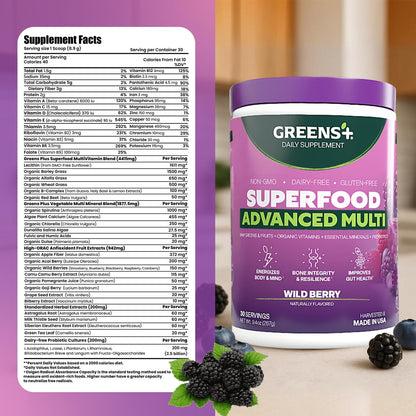 Greens+ Advanced Multi Wild Berry Superfood Powder, Organic Blend, Vegan, Non-GMO, Soy-Free, Dairy-Free, Gluten-Free, Dietary Supplement with Vitamins & Minerals, 9.4 oz Greens+Buy Supplements Australia