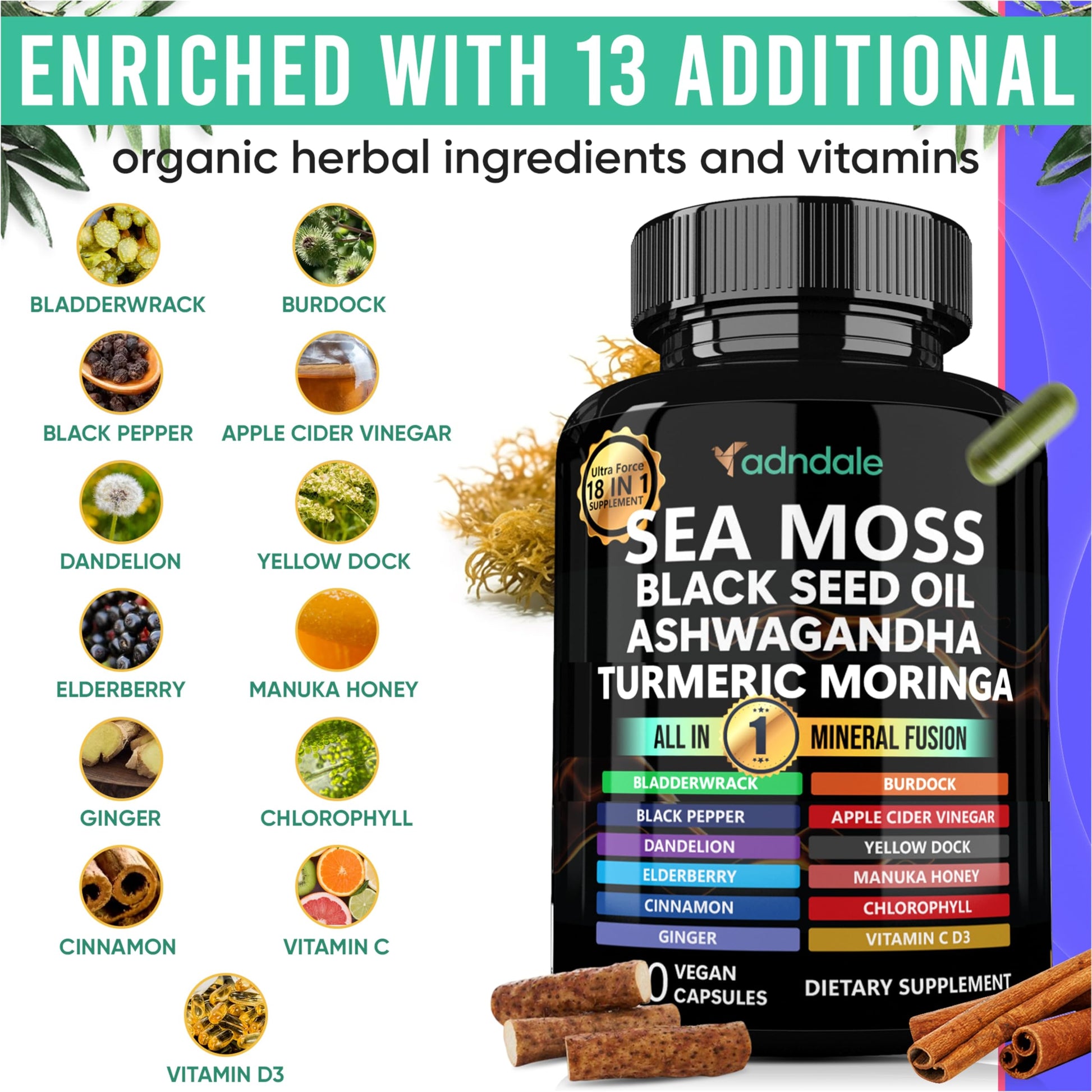 Adndale Sea Moss Capsules - Sea Moss Blend with Ashwagandha, Turmeric & Black Seed Oil - 180 Count AdndaleBuy Supplements Australia
