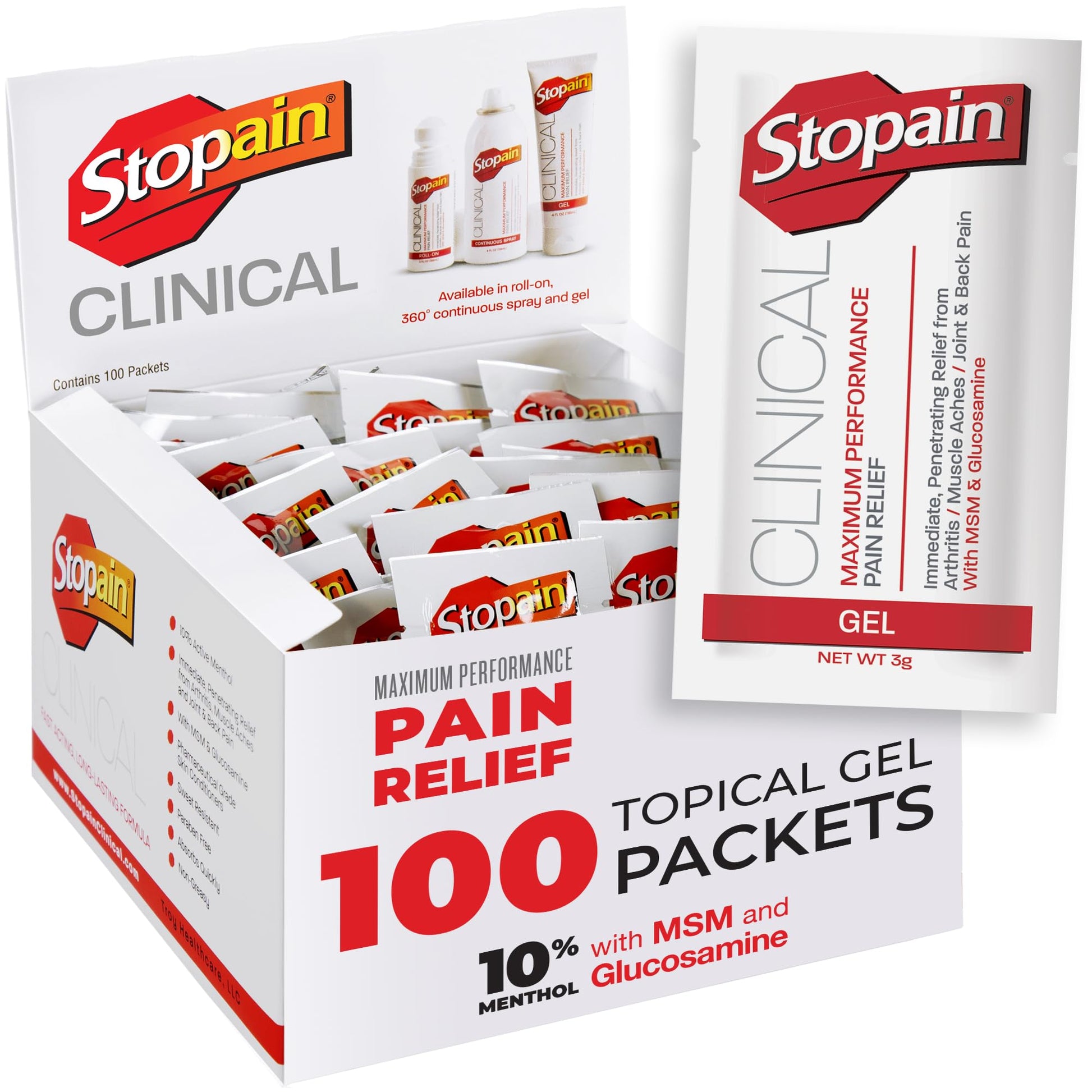 Stopain Pain Relief Clinical Gel Packets, Made in USA, Maximum Performance Pain Relief with 10% Menthol Plus Glucosamine for Muscle Aches, Joint Pain, and Arthritis (100 Pack) StopainBuy Supplements Australia