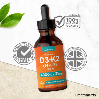 Vitamin D3 K2 Drops | 60mL | High Strength Vitamin D3 4000iu and K2 25ug | No Artificial HorbäachBuy Supplements Australia