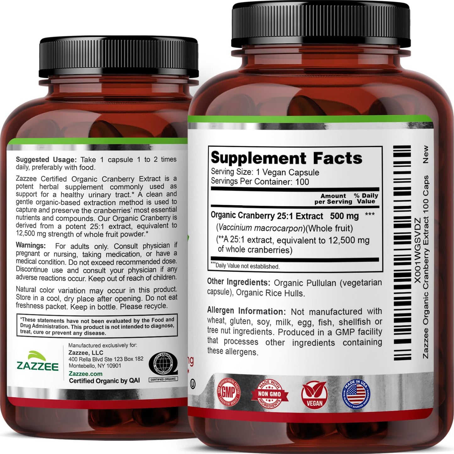 Zazzee USDA Organic Cranberry 25:1 Extract, 500 mg per Capsule, 100 Vegan Capsules, 3+ Month Supply, Certified Kosher, Vaccinium Macrocarpon, Urinary Tract & Bladder Support
