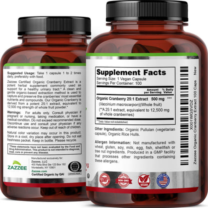 Zazzee USDA Organic Cranberry 25:1 Extract, 500 mg per Capsule, 100 Vegan Capsules, 3+ Month Supply, Certified Kosher, Vaccinium Macrocarpon, Urinary Tract & Bladder Support