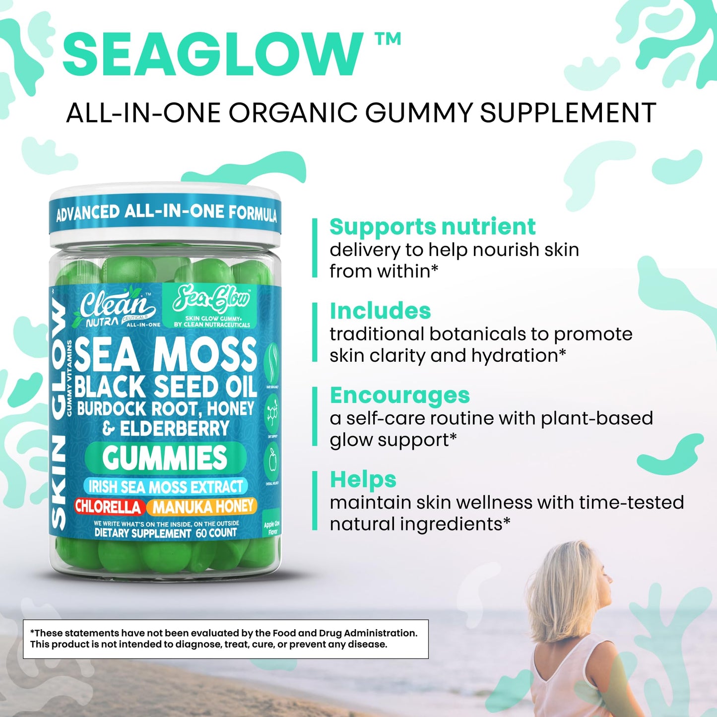 Clean Nutra Sea Moss Gummies Black Seed Oil Chlorella Ashwagandha Root Hair Growth Skin Glow Irish Sea Moss Elderberry Burdock Manuka Honey Trace Minerals Detox 60 Gummy Vitamins Sea Glow Supplement Clean NutraceuticalsBuy Supplements Australia