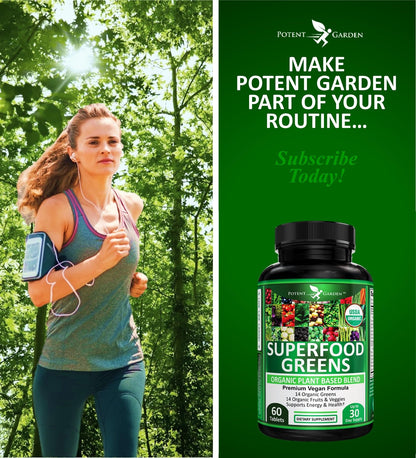 Potent Garden Organic Superfood Greens, Fruit and Veggies Supplement Rich in Vitamins & Antioxidants with Alfalfa, Beet Root & Tart Cherry to Boost Energy, Immunity & Gut Health, Greens Tablets 60 Ct Potent GardenBuy Supplements Australia