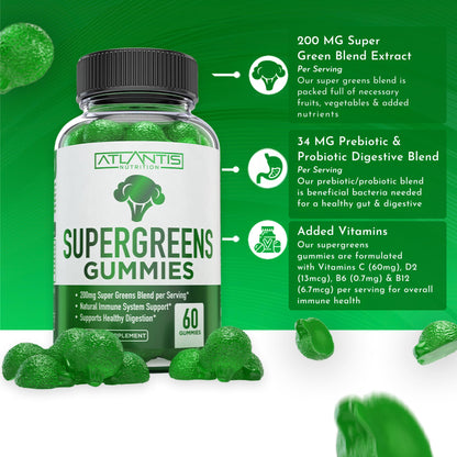 Atlantis Nutrition Supergreens Gummies - Daily Green Superfoods Supplement with Spinach, Broccoli, Moringa, Beet Root, Celery, Green Tea, & Acai for Immunity Support - Natural Raspberry Flavor, 60 cnt Atlantis NutritionBuy Supplements Australia