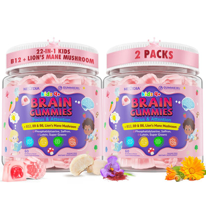 Kids Brain Gummies with Lion's Mane Mushroom, Methyl B6, B9, B12, Supper Greens, Lutein, Brain Booster Supplement for Focus & Attention, Cognitive Function, Vision & Energy, Sugar Free, Vegan 2 Pack NextdiaBuy Supplements Australia