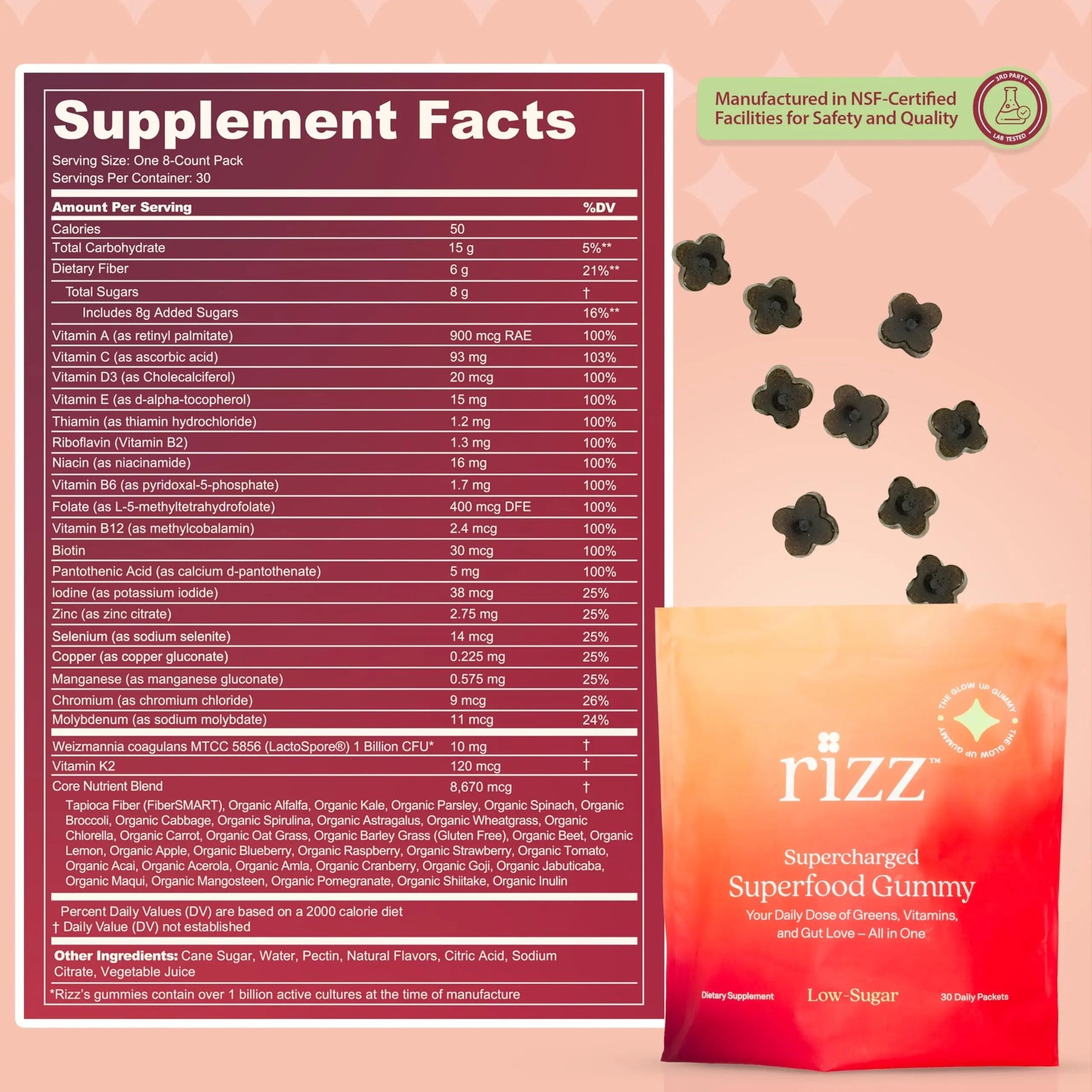 Rizz Low Sugar Green Gummies - 60+ Superfoods 6g Fiber - Prebiotic and Probiotic Gummies - Vegan Multivitamins for Women & Men RizzBuy Supplements Australia