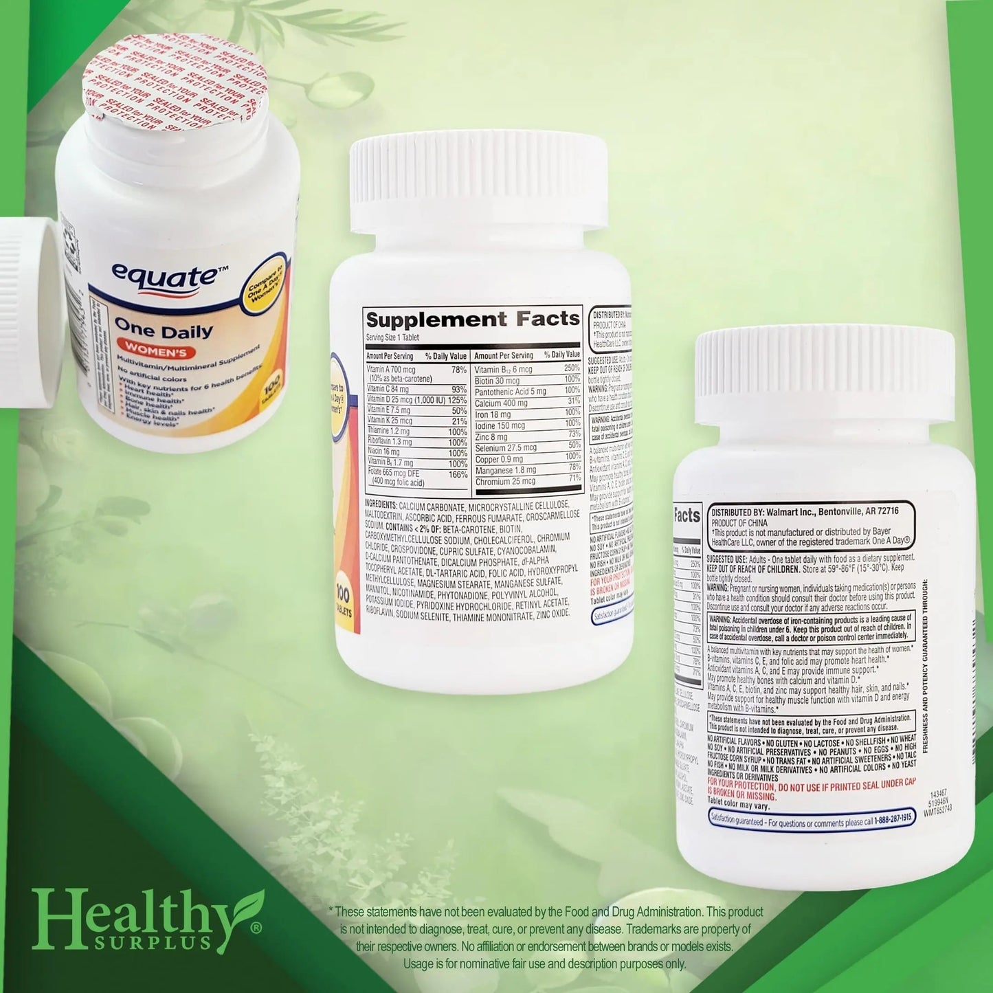 Healthy Surplus Equate One Daily Women's Multivitamin/Multimineral Supplement 100 Tablets and Vital Volumes Vitams Healthy SurplusBuy Supplements Australia