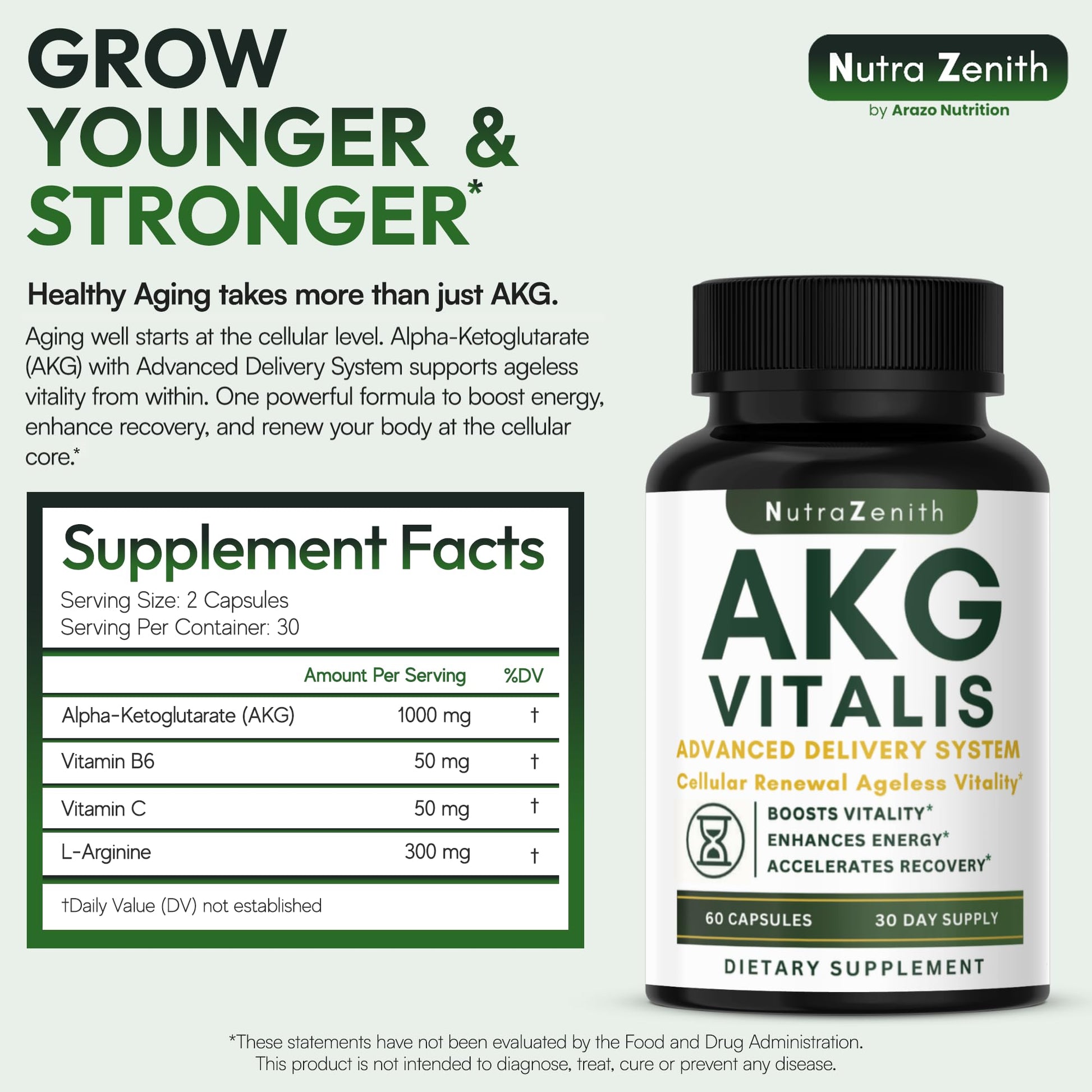 AKG Anti-Aging & Energy Boost Supplement with Vitamin B6, Vitamin C & L-Arginine – 60 Capsules for Youthful Skin, Cellular Renewal & Vitality Support Arazo NutritionBuy Supplements Australia