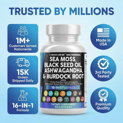 Clean Nutraceuticals Sea Moss Black Seed Oil Ashwagandha Turmeric Bladderwrack Burdock & Vitamin C Vitamin D3 with Elderberry