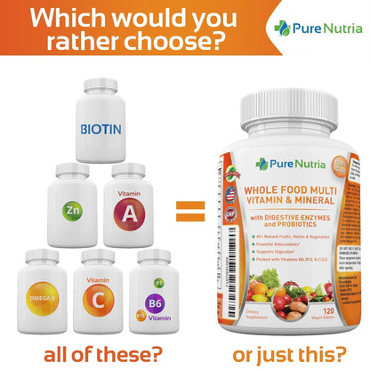 Whole Food MultiVitamin and Minerals with Probiotic Enzymes - 120 Multivitamins for Women and Men - Packed with WholeFood and Herbal Ingredients PureNutria