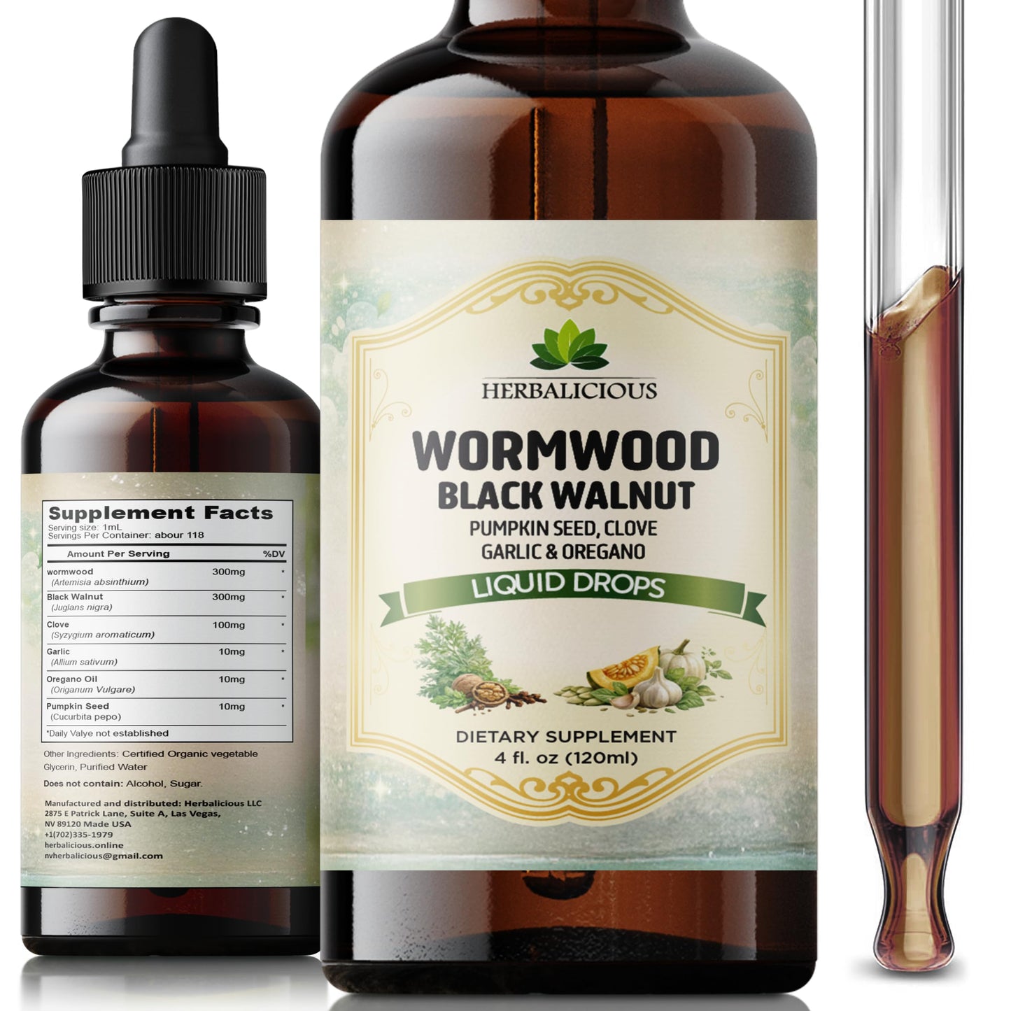 HEBRALICIOUS Wormwood Black Walnut Liquid Drops – Herbal Blend with Pumpkin Seed, Clove, Garlic & Oregano Oil – Alcohol Free Herbal Tincture – Liquid Dietary Supplement, 4 fl oz (120ml) HERBALICIOUSBuy Supplements Australia