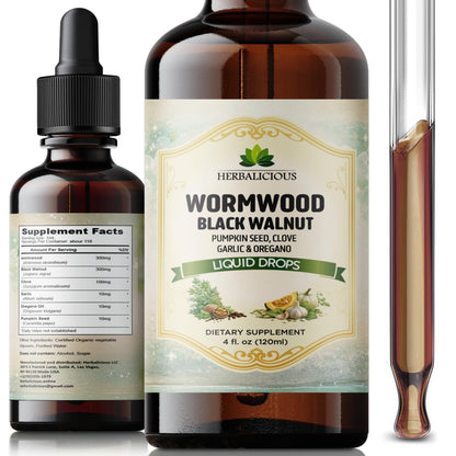 HEBRALICIOUS Wormwood Black Walnut Liquid Drops – Herbal Blend with Pumpkin Seed, Clove, Garlic & Oregano Oil – Alcohol Free Herbal Tincture – Liquid Dietary Supplement, 4 fl oz (120ml) HERBALICIOUSBuy Supplements Australia