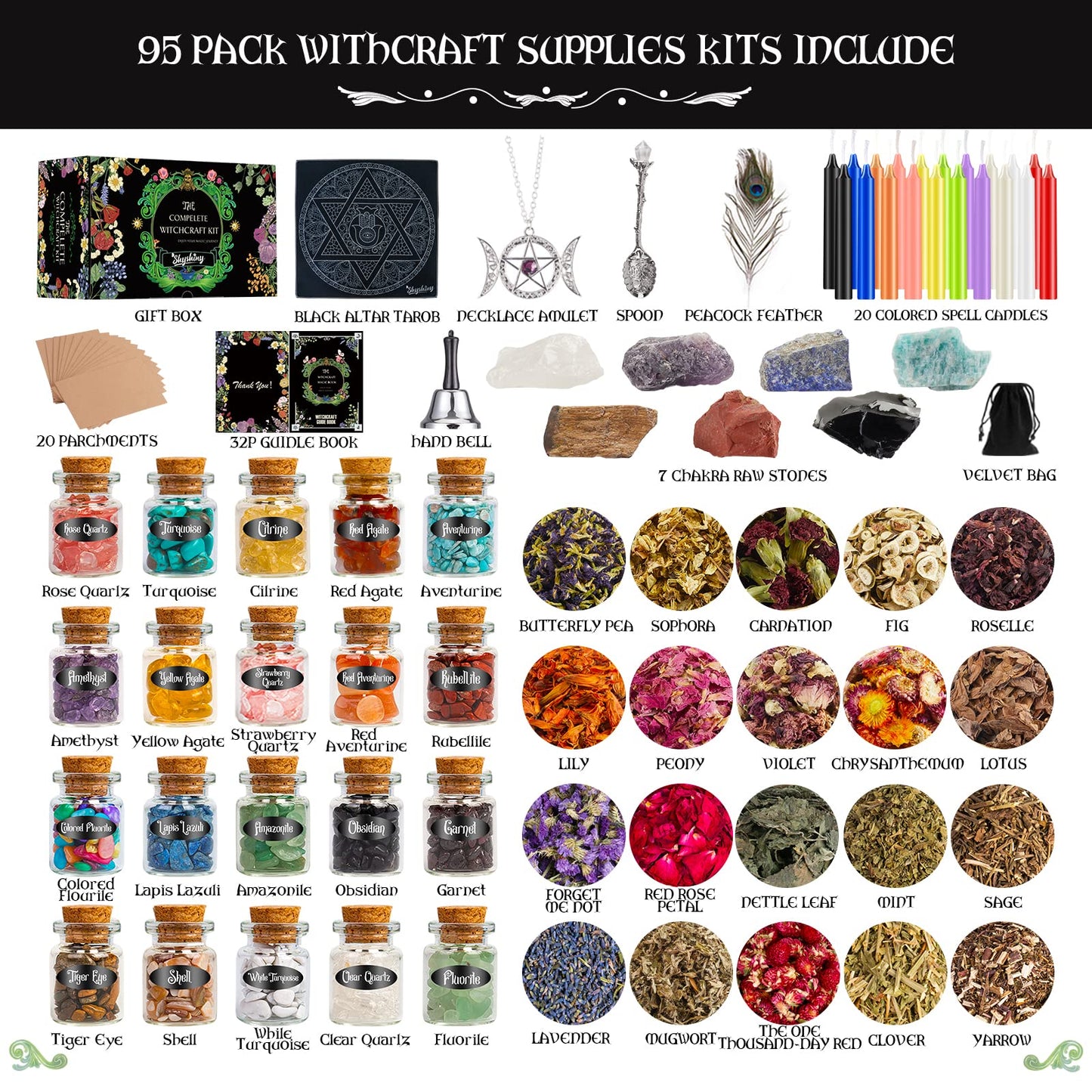SHYSHINY Witchcraft Supplies Kit for Wiccan Spells, 95 Pack of 7 Chakra Stones, Crystals, Dried Herbs SHYSHINYBuy Supplements Australia