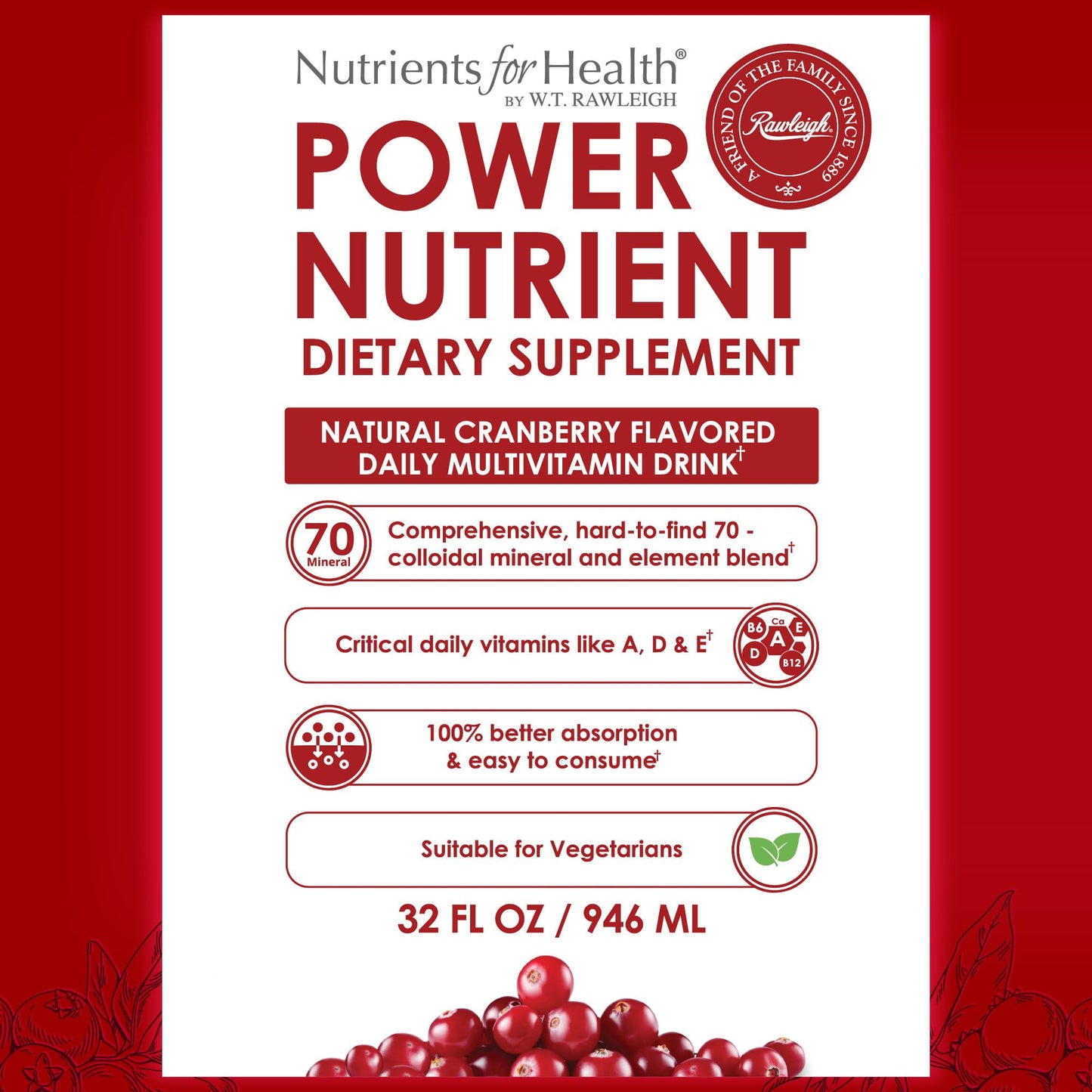 Rawleigh Power Nutrient: 32 fl oz for 1 Month - Cranberry Flavor, Daily Multivitamin Liquid Supplement for Men, Women with VIT. A - zinc & 70 Colloidal Trace Minerals, Vegetarian-Friendly, GMO Free RawleighBuy Supplements Australia