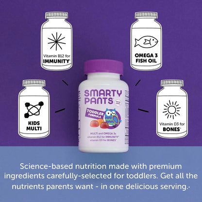 SmartyPants Toddler Multivitamin Gummies: Omega 3 Fish Oil (EPA/DHA), Vitamin D3, C, Vitamin B12, B6 & Organic Kids Multivitamin Gummies: Probiotics, Omega 3 (ALA), Vitamin D3, C, Vitamin B12 SmartyPantsBuy Supplements Australia