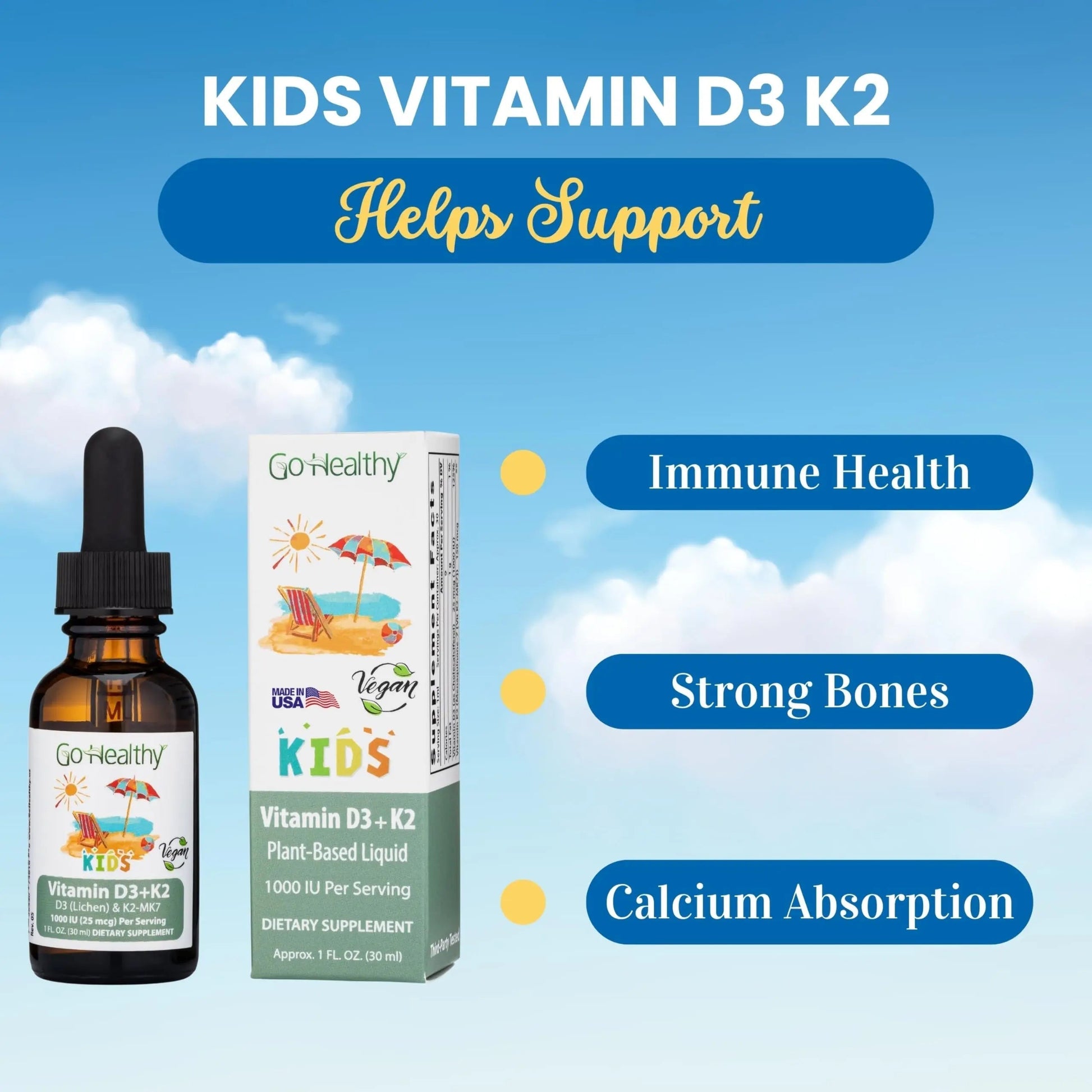 Go Healthy Kids Vitamins D3 K2 (MK-7), Child Vitamin D, Liquid Vegan D3 K2 Drops for Kids Go Healthy Natural