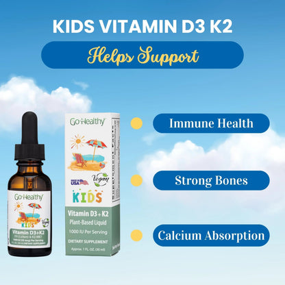 Go Healthy Kids Vitamins D3 K2 (MK-7), Child Vitamin D, Liquid Vegan D3 K2 Drops for Kids Go Healthy Natural