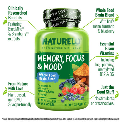 NATURELO Whole Food Brain Supplement - Brain Health Supplements for Memory & Focus Support - Enhance Brain Health Blend Supplement for Adults
