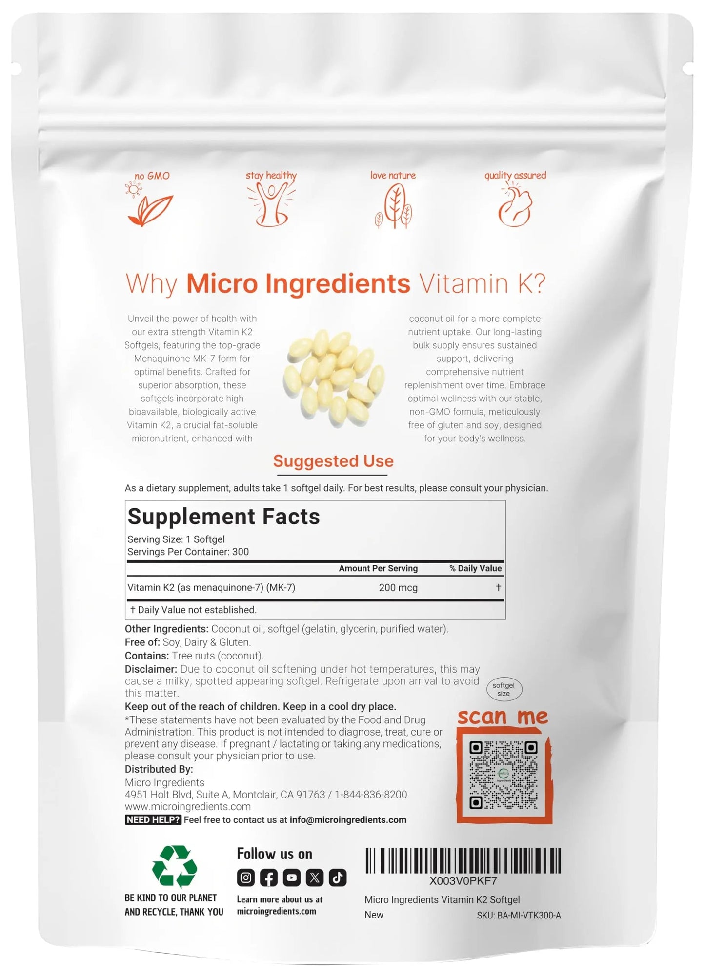 Micro Ingredients Vitamin K2 MK-7 Supplement, 200 mcg Per Serving, 300 Coconut Oil Softgles | Easily Absorbed, Active Menaquinone Form | Micro IngredientsBuy Supplements Australia