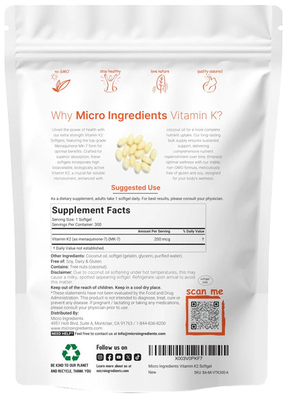 Micro Ingredients Vitamin K2 MK-7 Supplement, 200 mcg Per Serving, 300 Coconut Oil Softgles | Easily Absorbed, Active Menaquinone Form | Micro IngredientsBuy Supplements Australia