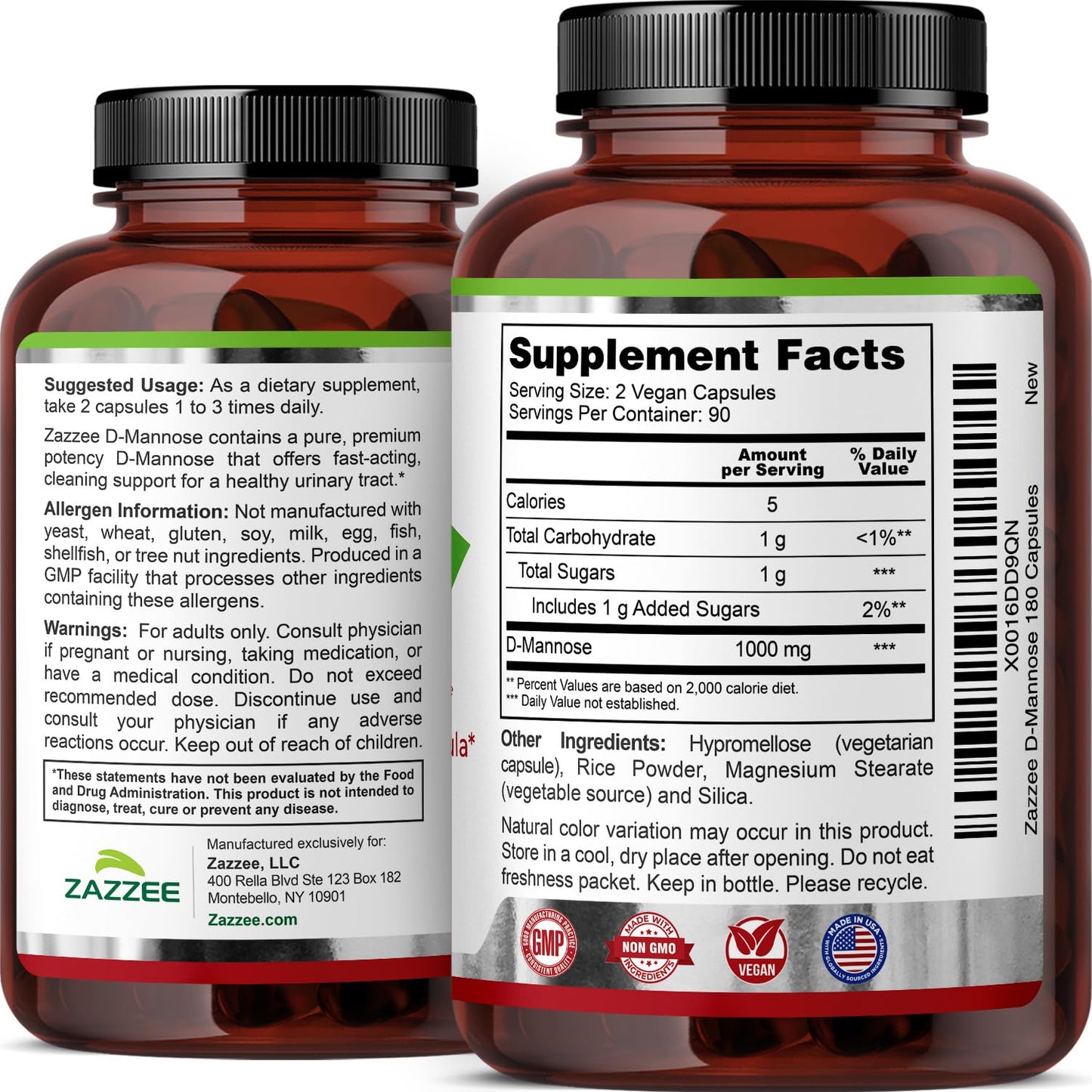 Zazzee D-Mannose, 1000 mg per Serving, 180 Vegan Capsules, 3 Month Supply, Potent & Fast-Acting, Certified Kosher, 100% Pure, All-Natural Urinary Tract Health Support