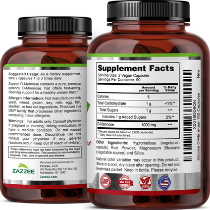 Zazzee D-Mannose, 1000 mg per Serving, 180 Vegan Capsules, 3 Month Supply, Potent & Fast-Acting, Certified Kosher, 100% Pure, All-Natural Urinary Tract Health Support