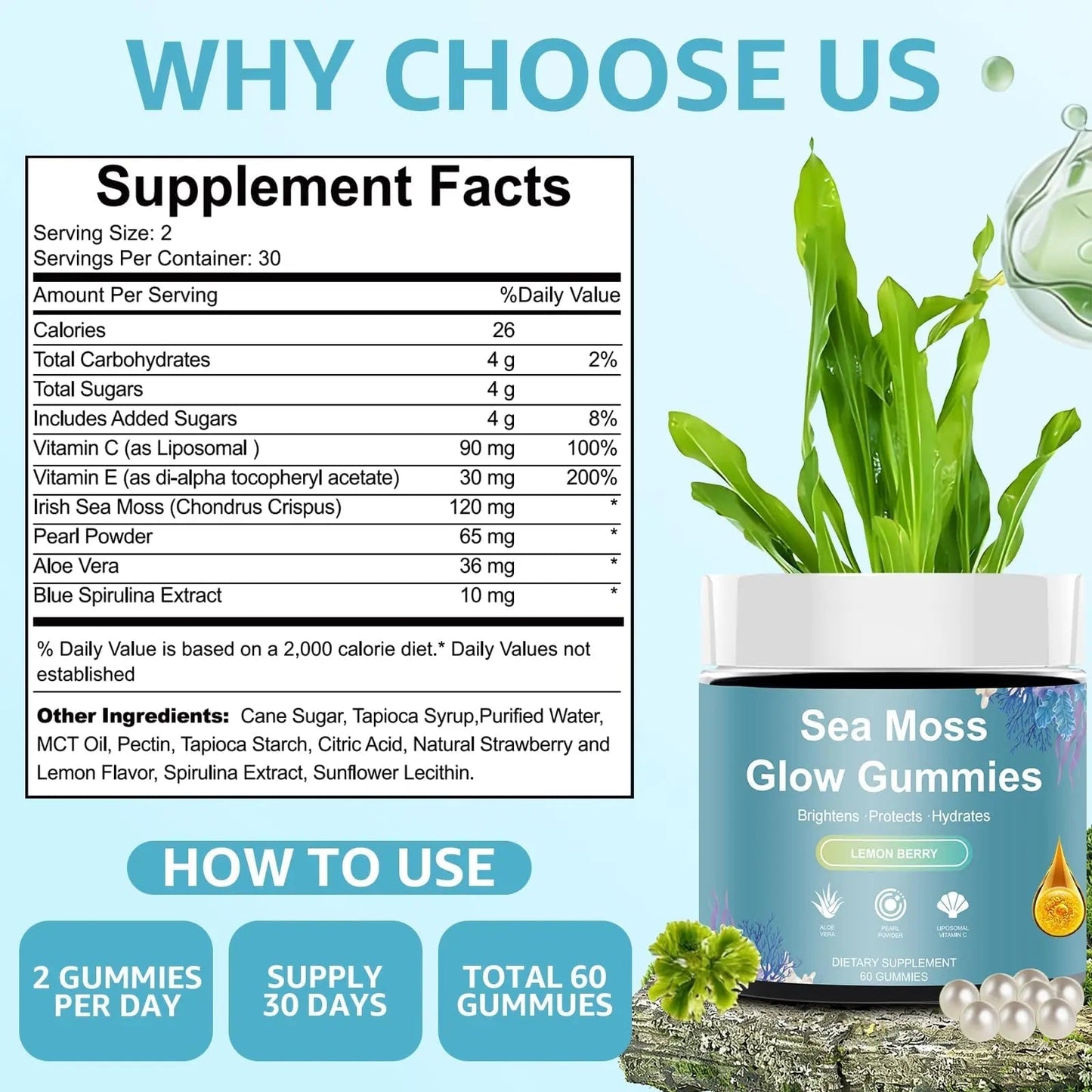 HICFRWE Sea Moss Glow Gummies - Hair Gummies with Vitamin C, Vitamin E, Aloe Vera, Pearl Powder Supports Faster Hair Growth HICFRWEBuy Supplements Australia