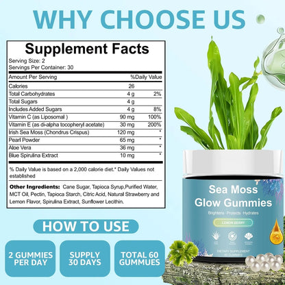 HICFRWE Sea Moss Glow Gummies - Hair Gummies with Vitamin C, Vitamin E, Aloe Vera, Pearl Powder Supports Faster Hair Growth HICFRWEBuy Supplements Australia