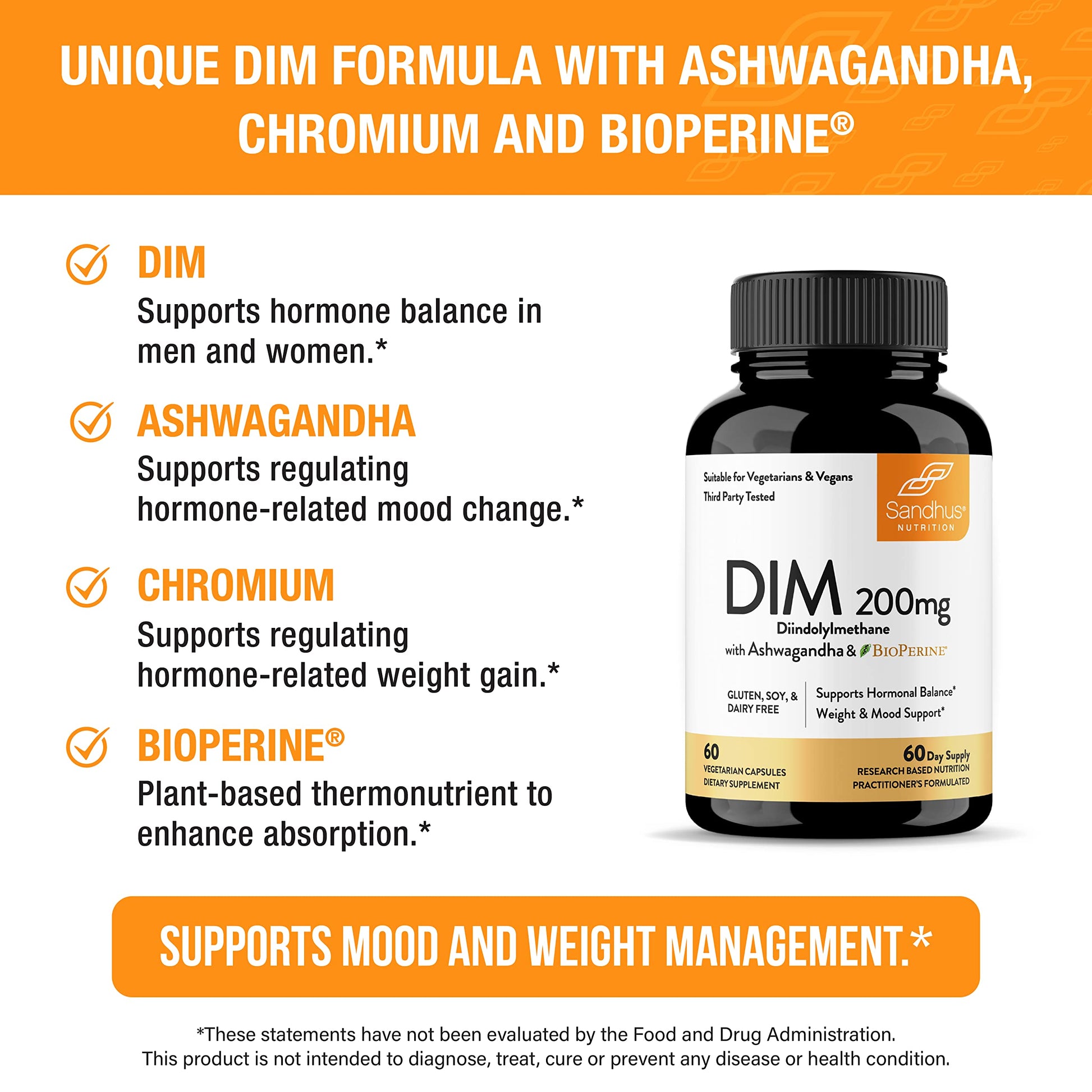 Sandhu's DIM Supplement 200 mg -60 Capsules - Diindolymethane with Ashwagandha & Bioperine Hormone Balance for Women & Men, Hormonal Acne Supplements Sandhu'sBuy Supplements Australia