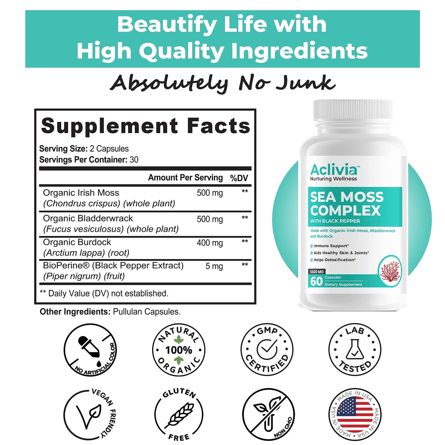 Aclivia - Organic Irish Sea Moss Capsules with Bladderwrack & Burdock Root - 102 Minerals Sea Moss Supplement - Thyroid Support, Immune Boost - Non-GMO (60 Count) AcliviaBuy Supplements Australia