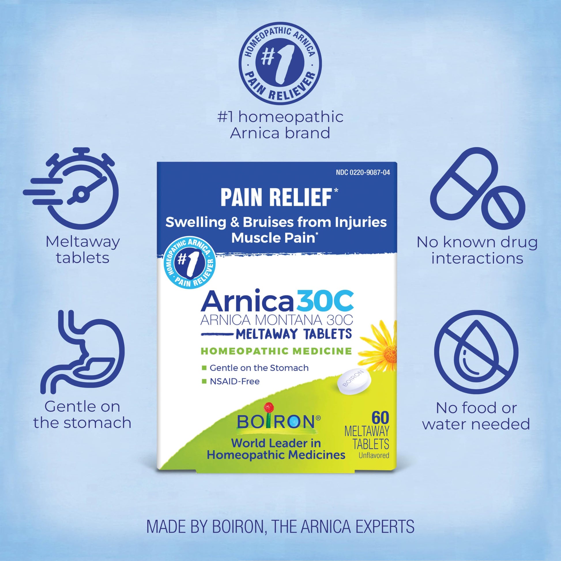 Boiron Arnica 30C Tablets for Pain Relief from Muscle Pain, Joint Soreness, Swelling from Injury or Bruises - 60 Count BoironBuy Supplements Australia