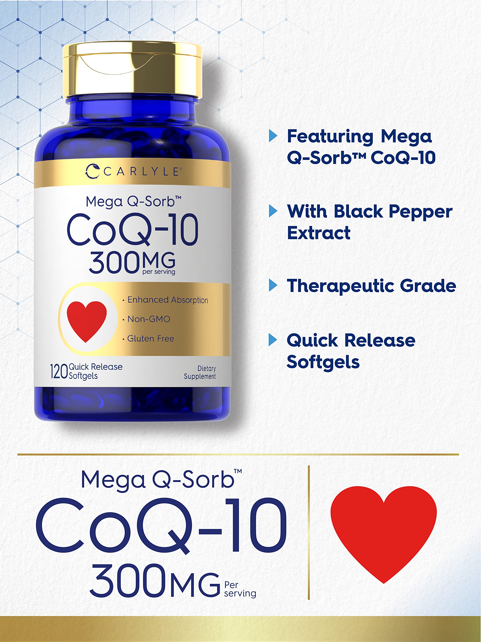 Carlyle CoQ10 300mg | 120 Softgels | Mega Q-Sorb Coenzyme Q-10 | with Black Pepper CarlyleBuy Supplements Australia