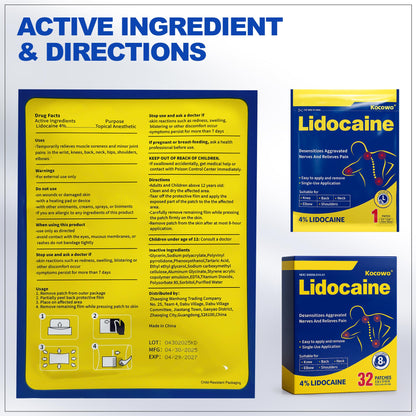 Kocowo 4% Lidocaine Maximum Strength Pain Relief Gel Patches with Auxiliary Patches for Neck Back Knee Joint Ache Muscle Soreness, 3.9” x 5.5”, 32-Count Box, NDC：83559-010-01 KocowoBuy Supplements Australia