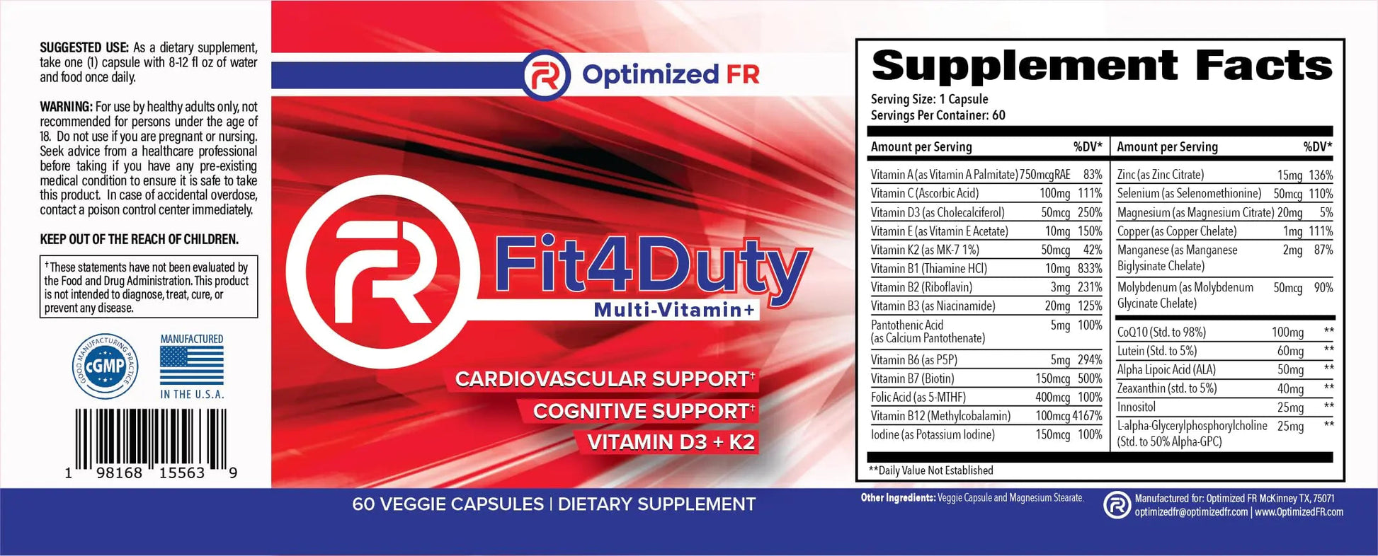 Fit4Duty Multivitamin+ for First Responders, One a Day Multivitamin Plus Other nutrients, 60 Servings, 2 Month Supply Optimized FRBuy Supplements Australia