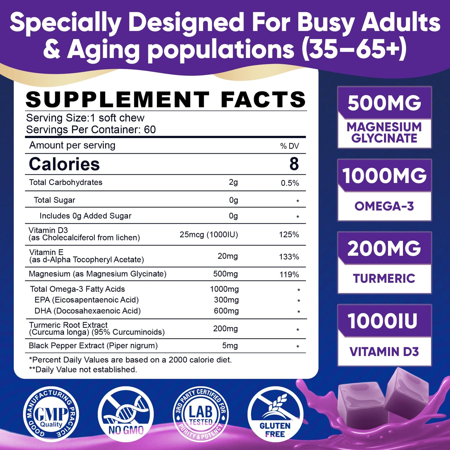 Magnesium Glycinate Gummies 500mg - Magnesium with Omega-3, Turmeric, Vitamin D3 & E | Magnesium Glycinate Soft Chews for Adults