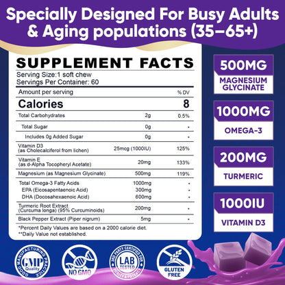 Magnesium Glycinate Gummies 500mg - Magnesium with Omega-3, Turmeric, Vitamin D3 & E | Magnesium Glycinate Soft Chews for Adults