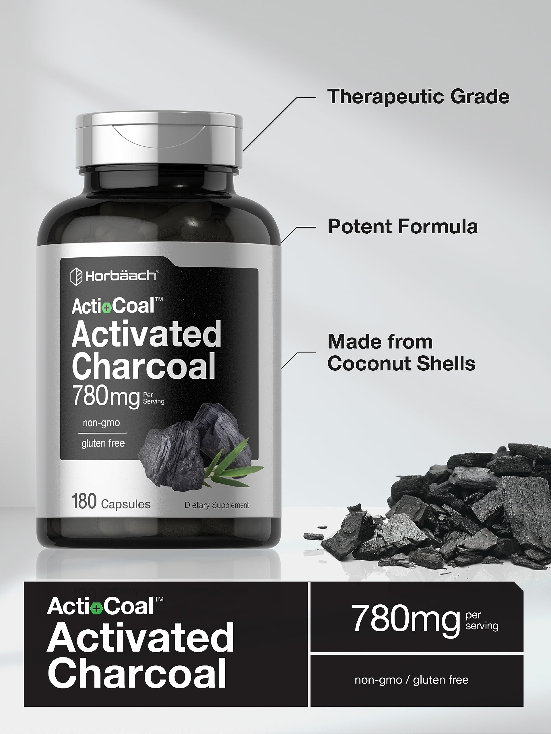 Charcoal Pills 780mg | 180 Capsules | Activated Charcoal from Coconut Shells | Non-GMO HorbäachBuy Supplements Australia