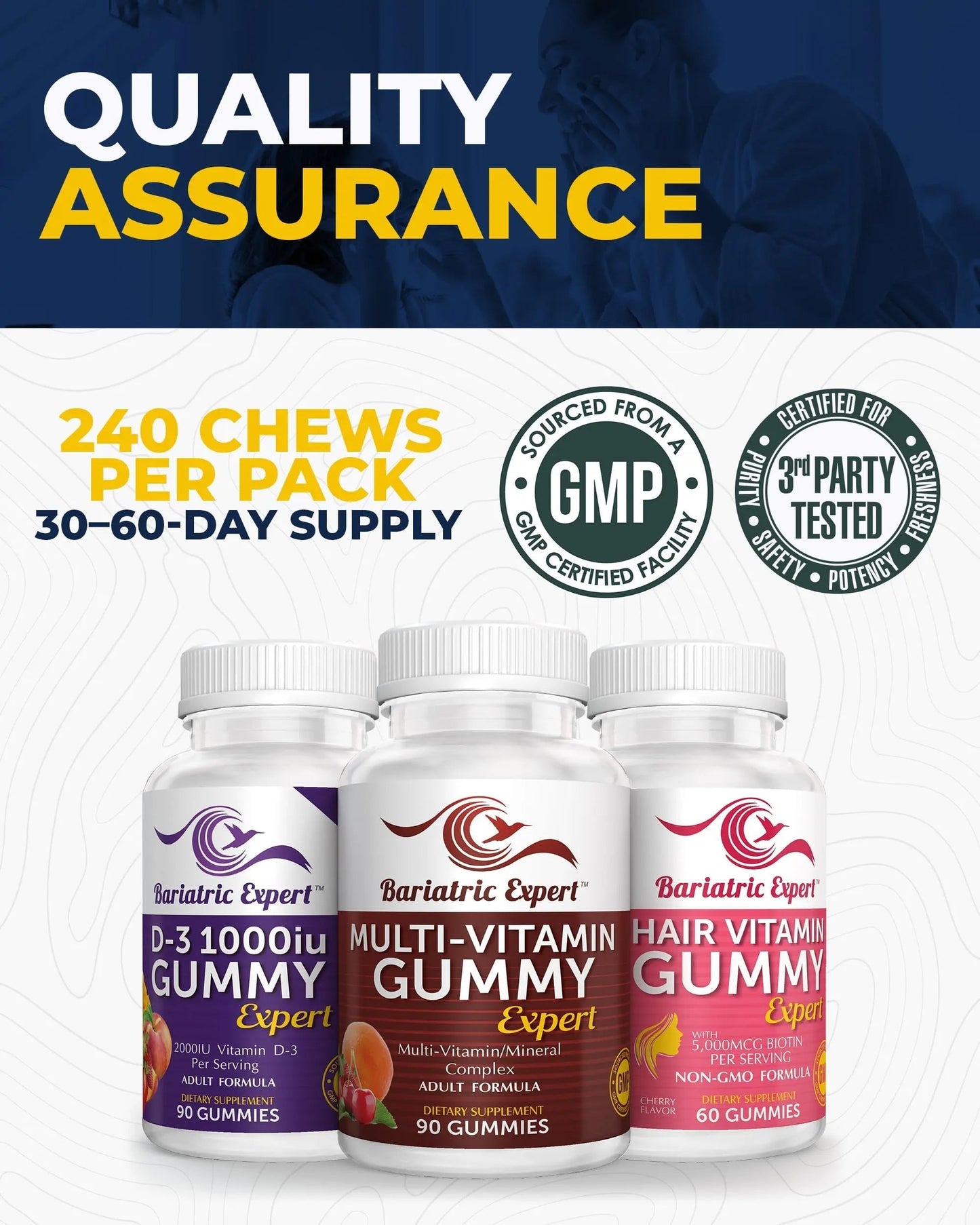 Bariatric Multivitamin 3 Pack, Multivitamin Gummy 90 Chews. - D3 Gummies 90 Chew - Hair Vitamin Gummy 60 Chews. Bariatric Food Expert