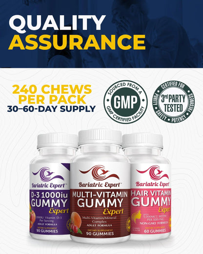 Bariatric Multivitamin 3 Pack, Multivitamin Gummy 90 Chews. - D3 Gummies 90 Chew - Hair Vitamin Gummy 60 Chews. Bariatric Food Expert