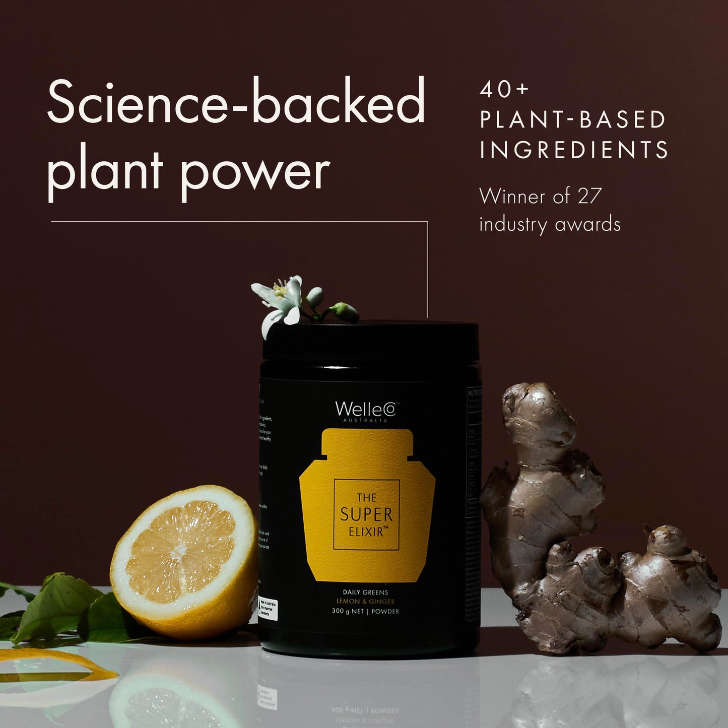 WelleCo The Super Elixir Daily Greens Powder, Probiotic Drink Mix with Whole Foods, Gluten Free, Vegan Gut Health Powder, Energy, Immunity, Healthy Skin, Hair & Nails (300g, Lemon Ginger) WelleCoBuy Supplements Australia