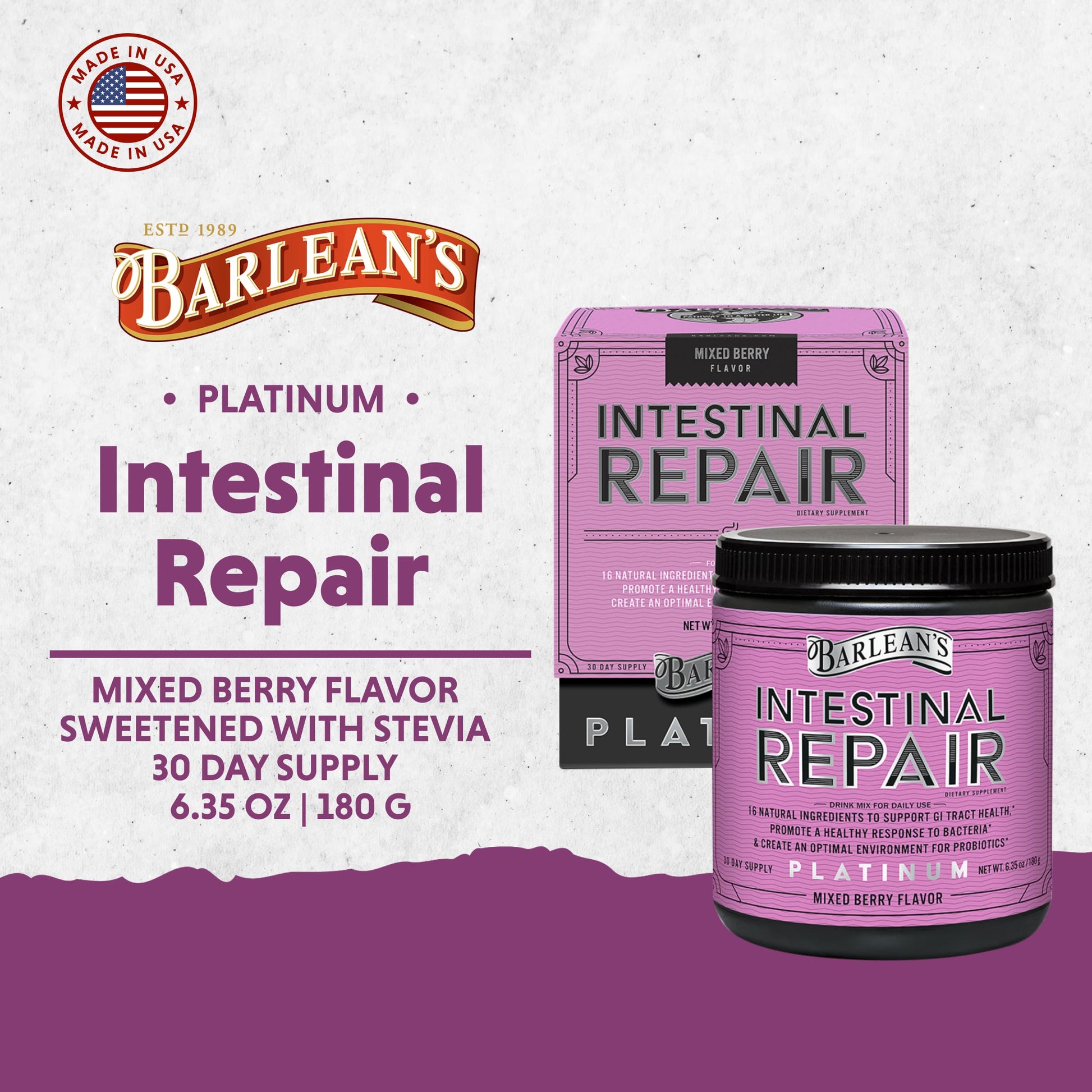 Barlean's Gut Health Powder, Intestinal Repair Fiber and Digestive Support Blend for Men and Women, Mixed Berry Drink Mix, 6.35 oz Barlean'sBuy Supplements Australia