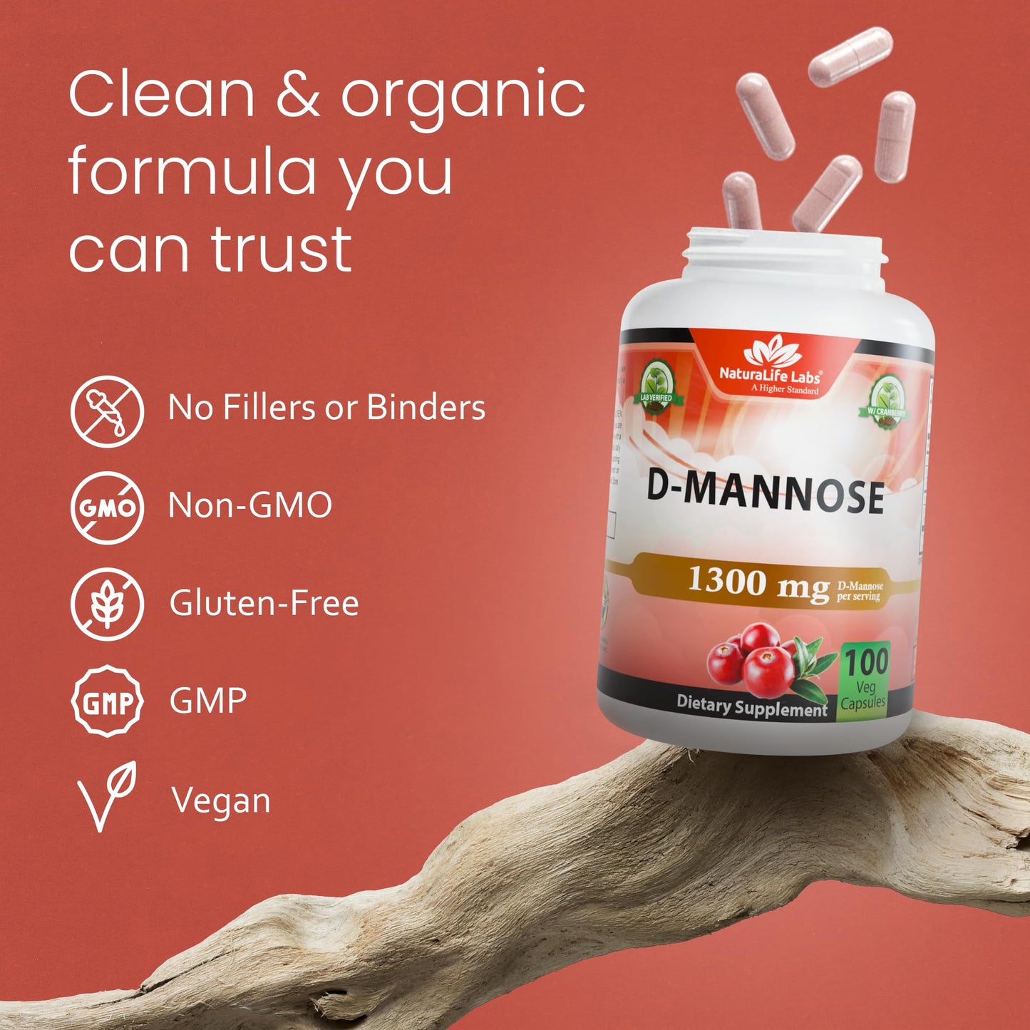 NaturaLife Labs Organic D-Mannose 1300 mg with Organic Cranberry Extract 100 mg per Serving – 100 Capsules – Non-GMO, Gluten-Free, Vegan NaturaLife LabsBuy Supplements Australia