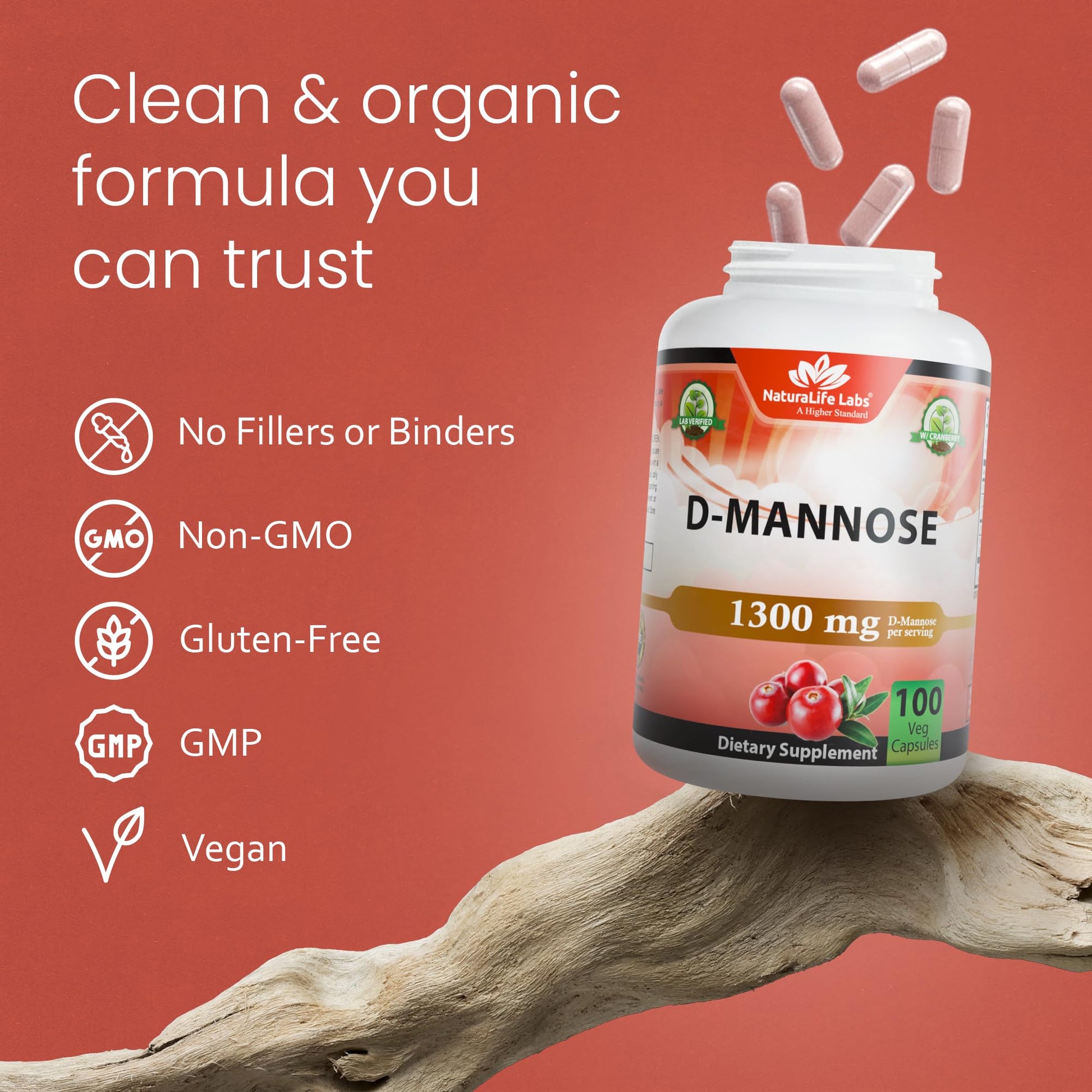 NaturaLife Labs Organic D-Mannose 1300 mg with Organic Cranberry Extract 100 mg per Serving – 100 Capsules – Non-GMO, Gluten-Free, Vegan NaturaLife LabsBuy Supplements Australia