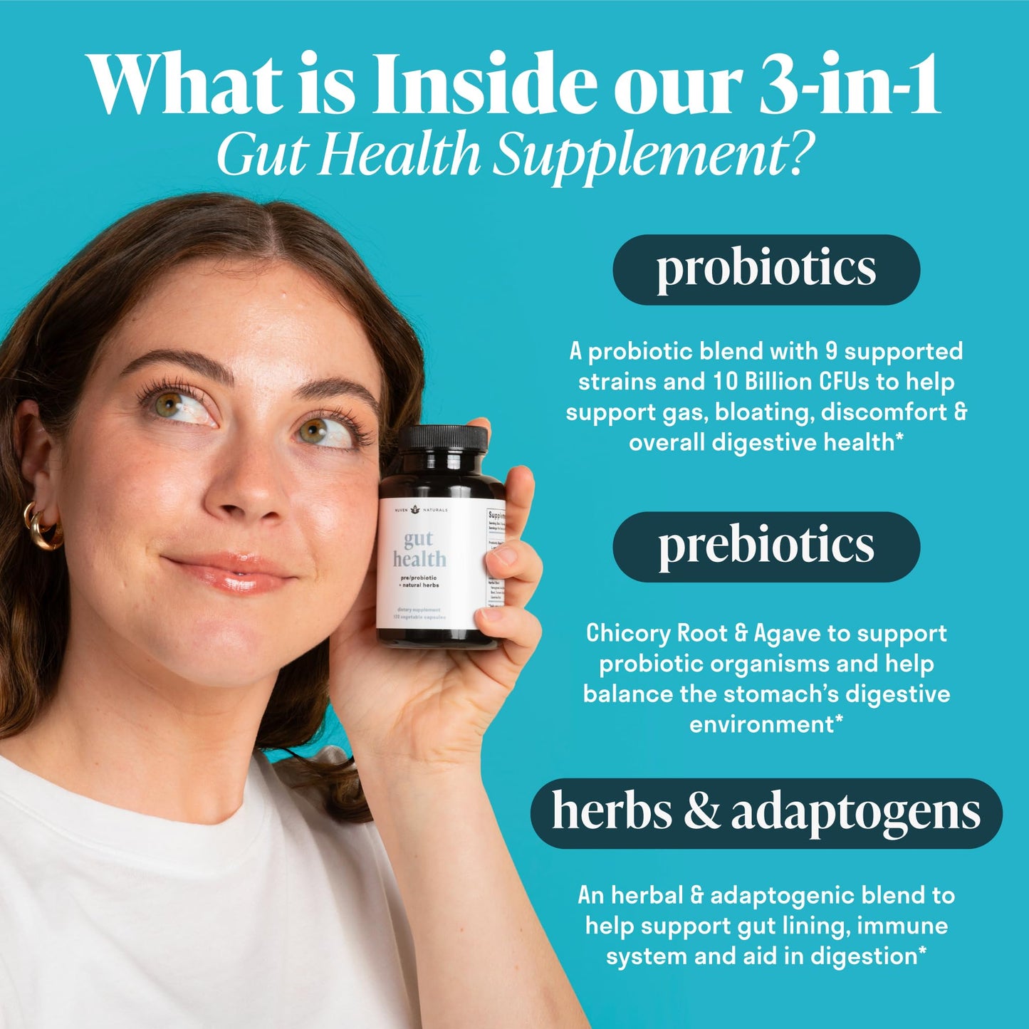 Nuven Naturals All-in-One Gut Health w/Probiotics, Prebiotics, Digestion-Supporting Herbs