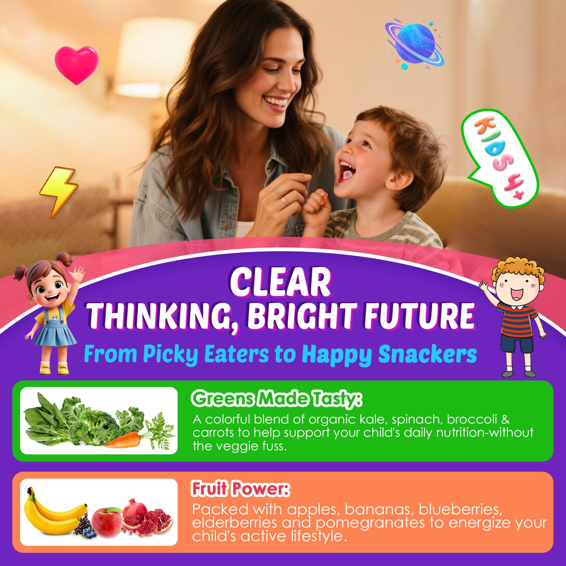 Kids Brain Gummies with Lion's Mane Mushroom, Methyl B6, B9, B12, Supper Greens, Lutein, Brain Booster Supplement for Focus & Attention, Cognitive Function, Vision & Energy, Sugar Free, Vegan 2 Pack NextdiaBuy Supplements Australia